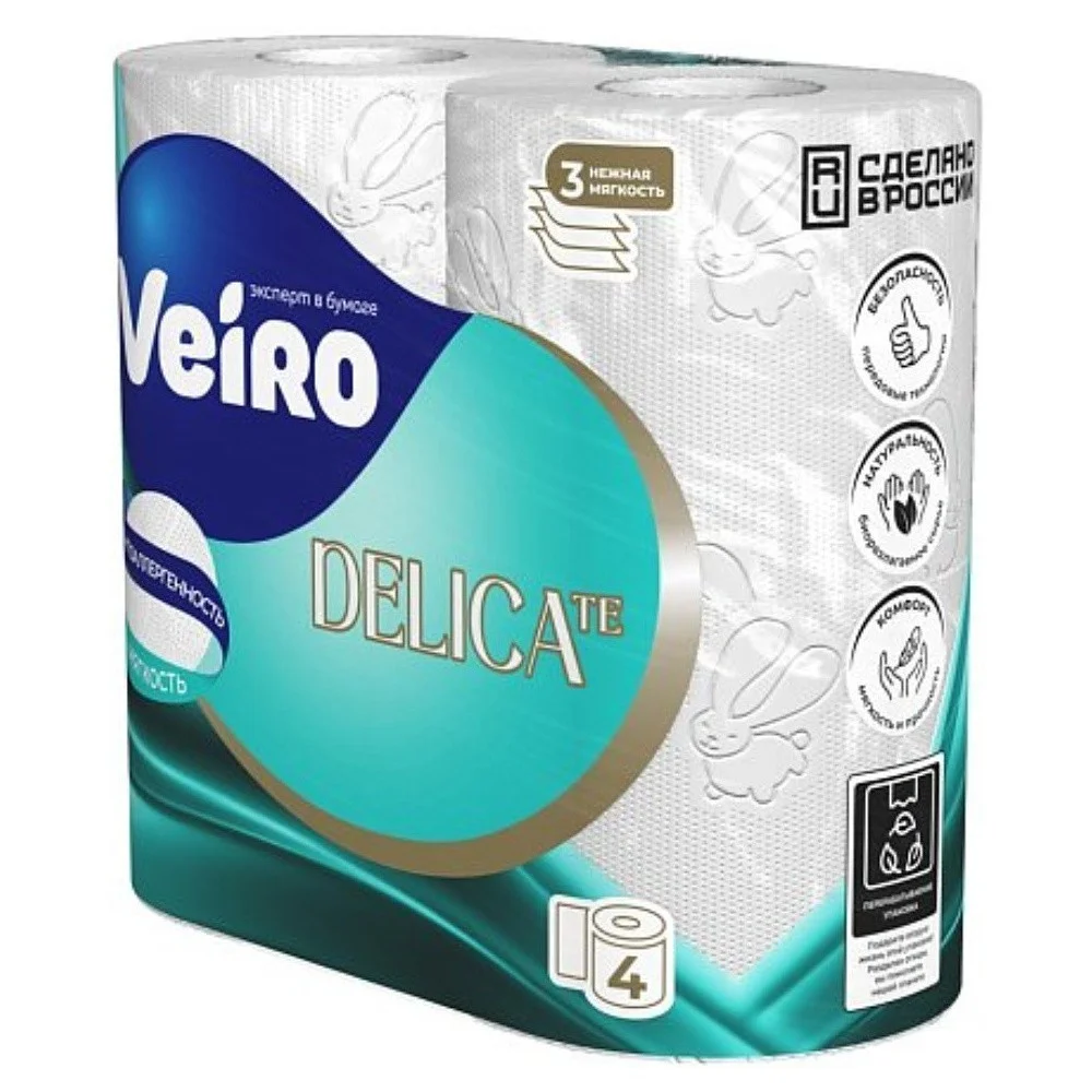 Бумага туалетная Veiro DELICATE 3-слоя, белая, 4 шт